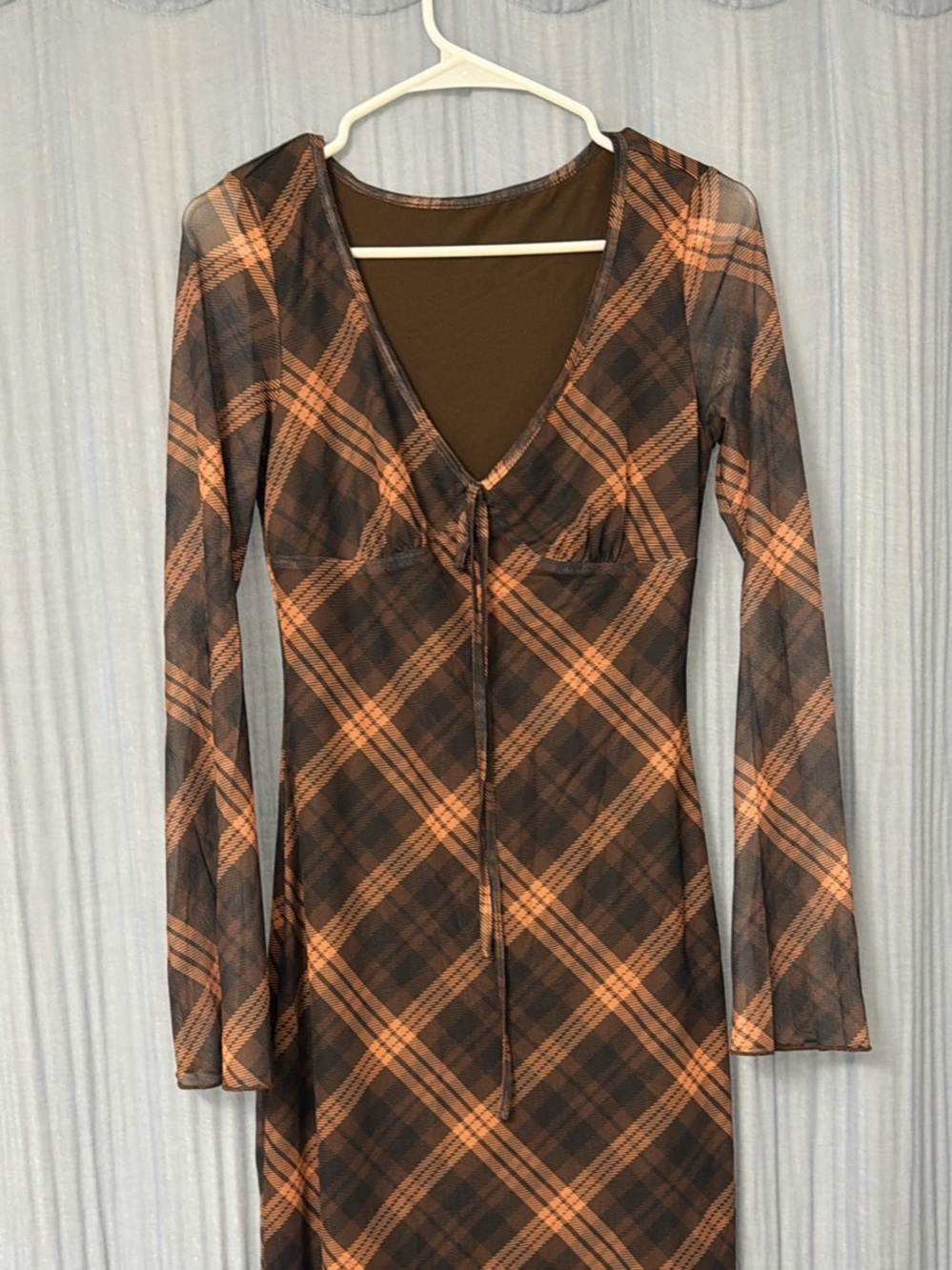 Commense Brown and Orange Plaid V-Neck Tie-Front Tunic